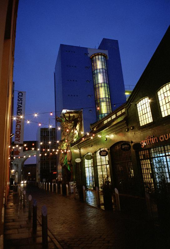 The Custard Factory, Birmingham, an arts and media production centre on the redeveloped site of the Birds Custard factory, illuminated at night