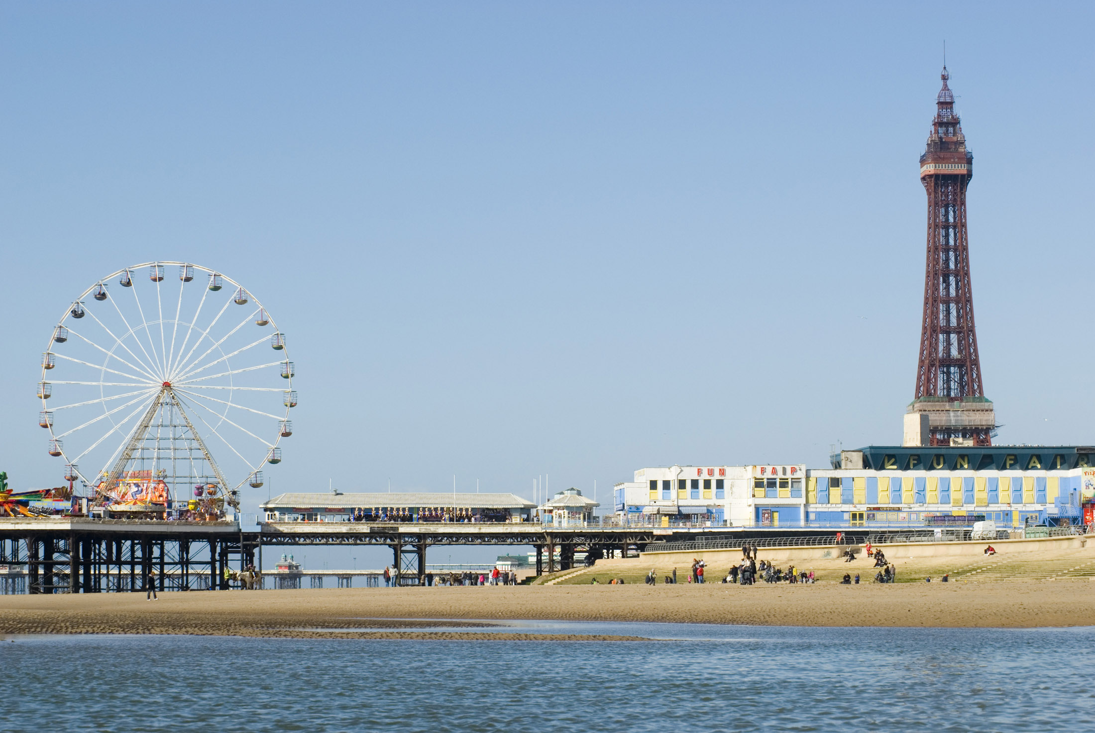 an image of a view of blackpools central pier and the iconic tower