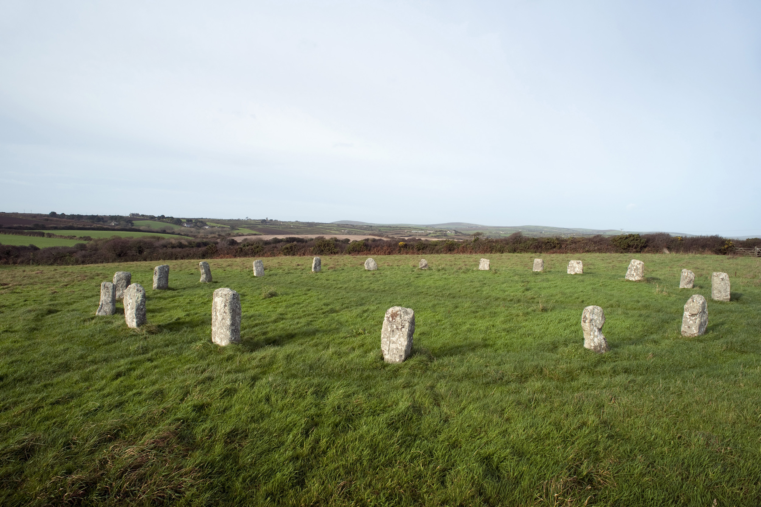 an image of A stone circle near the village of St Buryan in cornwall known as the  Merry Maidens of Boleigh
