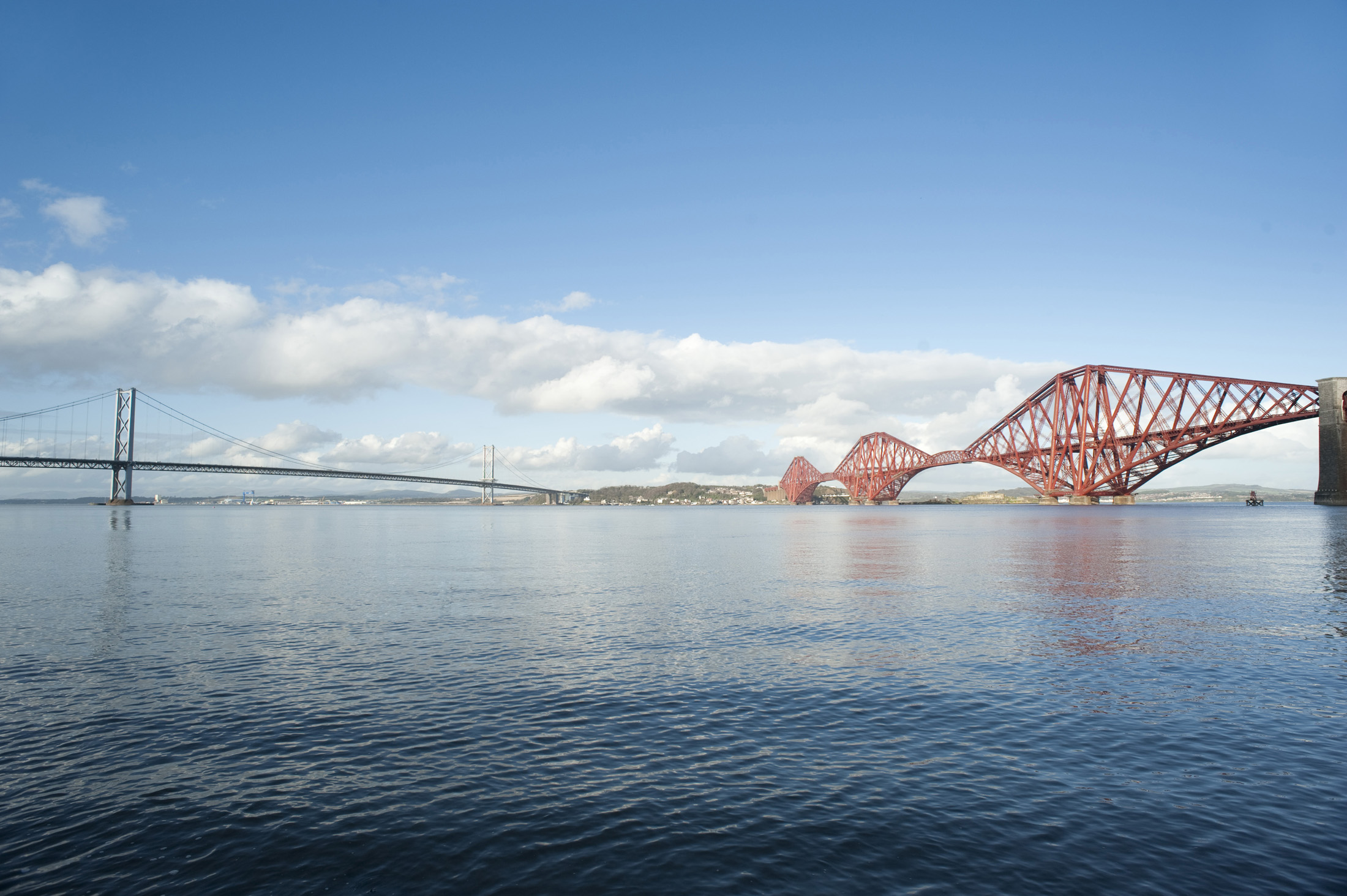 an image of landmark road and rail bridges crossing the firth of forth, Fife and West Lothian, Scotland