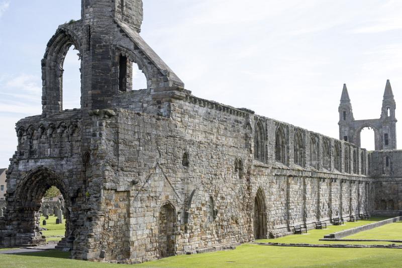 Remnants of the ancient stone medieval nave of the ruined St Andrews Cathedral, St Andrews, Scotland