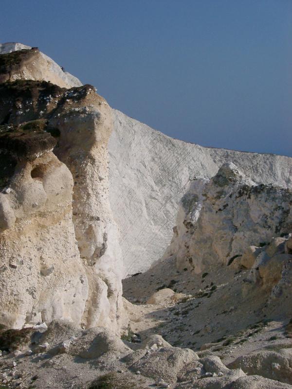 Eroded chalk cliffs showing evidence of landslip on the Isle of Wight