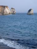 View of the line of chalk Needles, Isle of Wight, consisting of eroded chalk stacks rising directly from the ocean