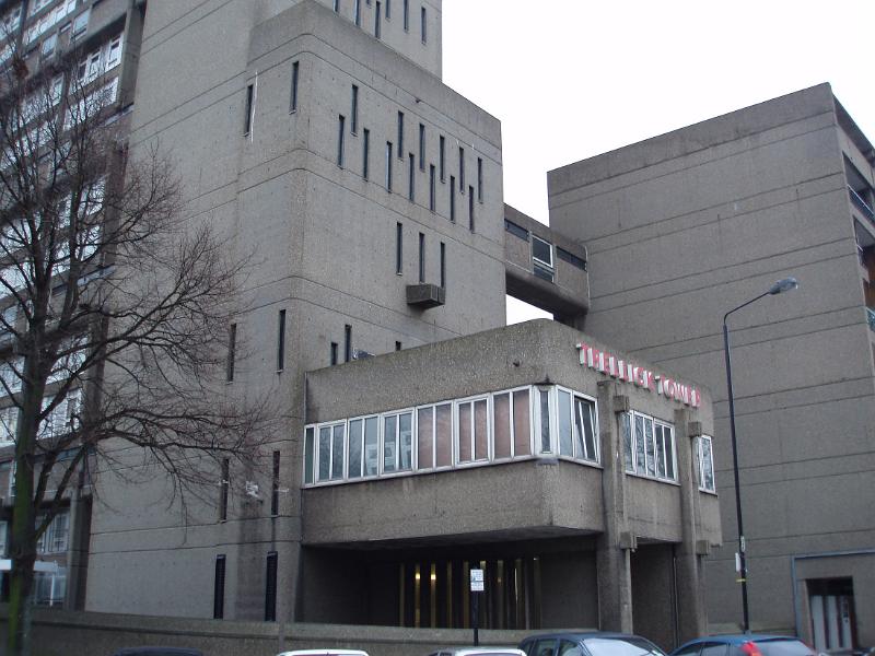 Exterior Design of Trellick Tower Building, a 31-storey block of flats in North Kensington, Royal Borough of Kensington and Chelsea, London, England.