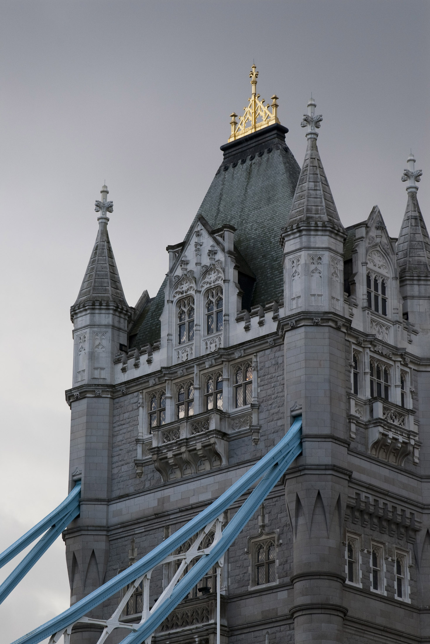 an image of victorian gothic architectural details of one of the towers on londons famous tower bridge