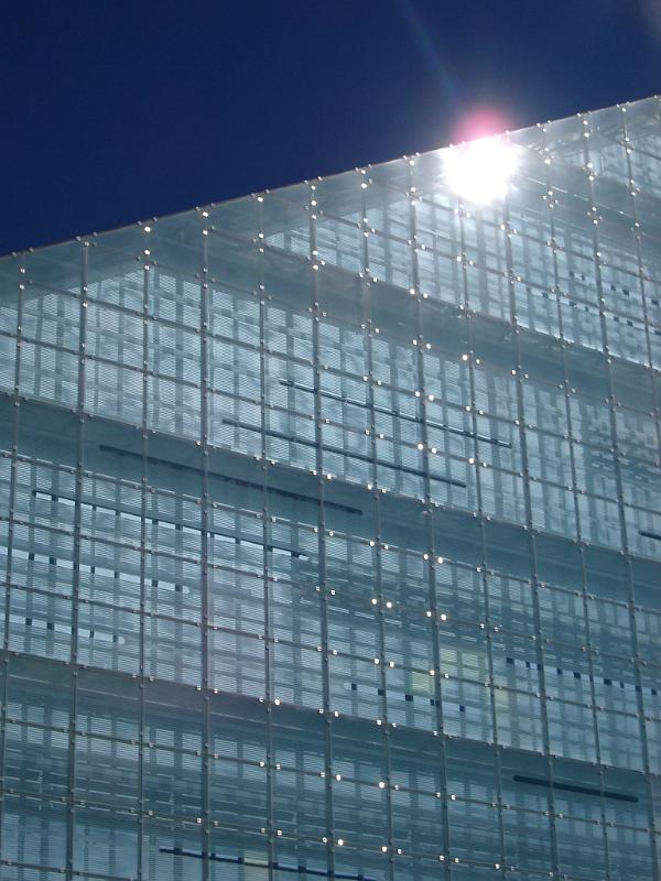 Futuristic glass facade of Urbis, Manchester, an exhibition centre and museum venue in Cathedral Gardens