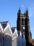 Historic Tower of St. Mary's Church in Stockport, England. Captured with Light Blue Sky Background.