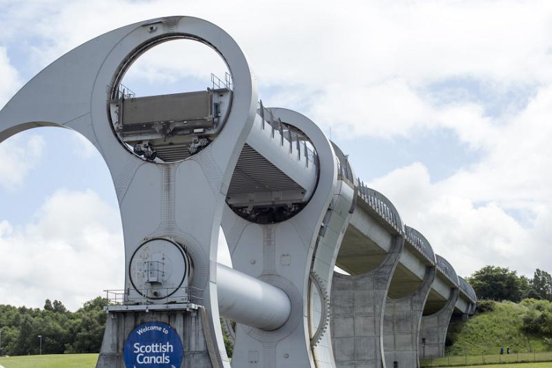 Low angle view on large metallic ring shaped boat lift at elevated position in Falkirk, Scotland
