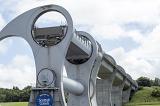 Low angle view on large metallic ring shaped boat lift at elevated position in Falkirk, Scotland