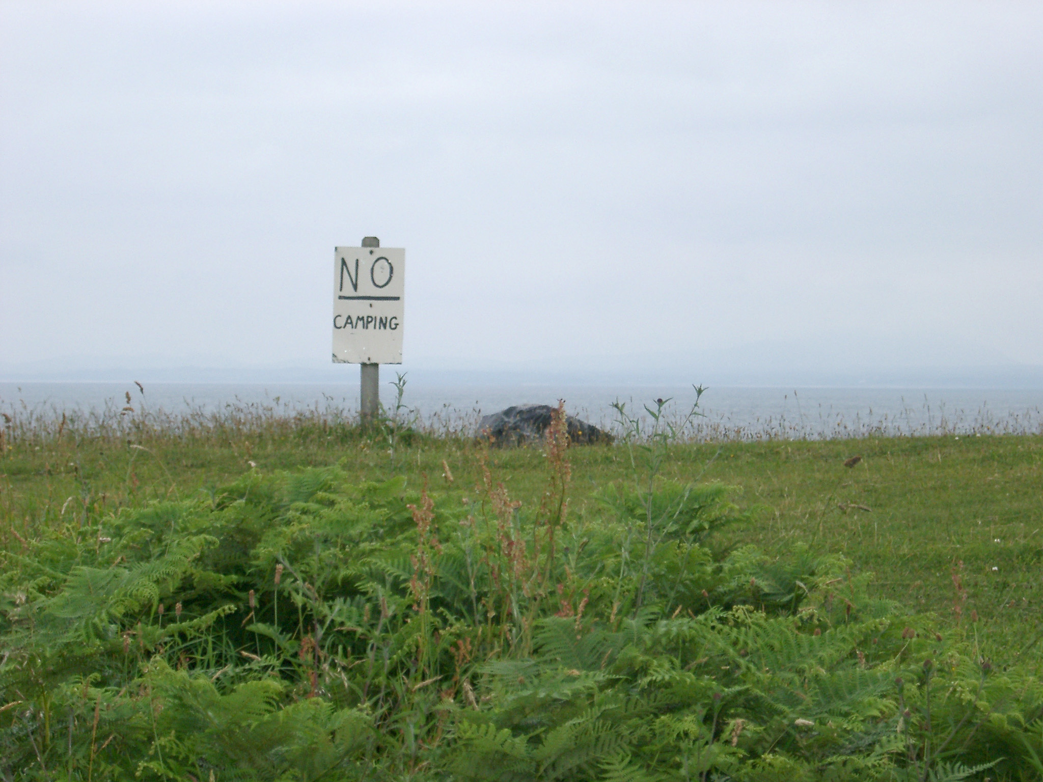 an image of Private hand written rustic wooden No Camping sign on an open plot of grassy land on a misty day