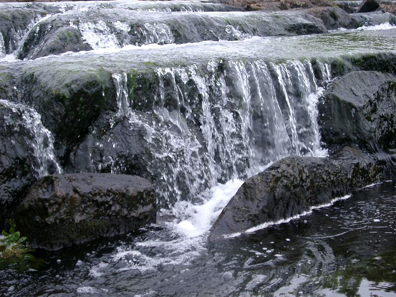 Small waterfall cascading down the mountainside over black rocks as the water flows downstream, close up view