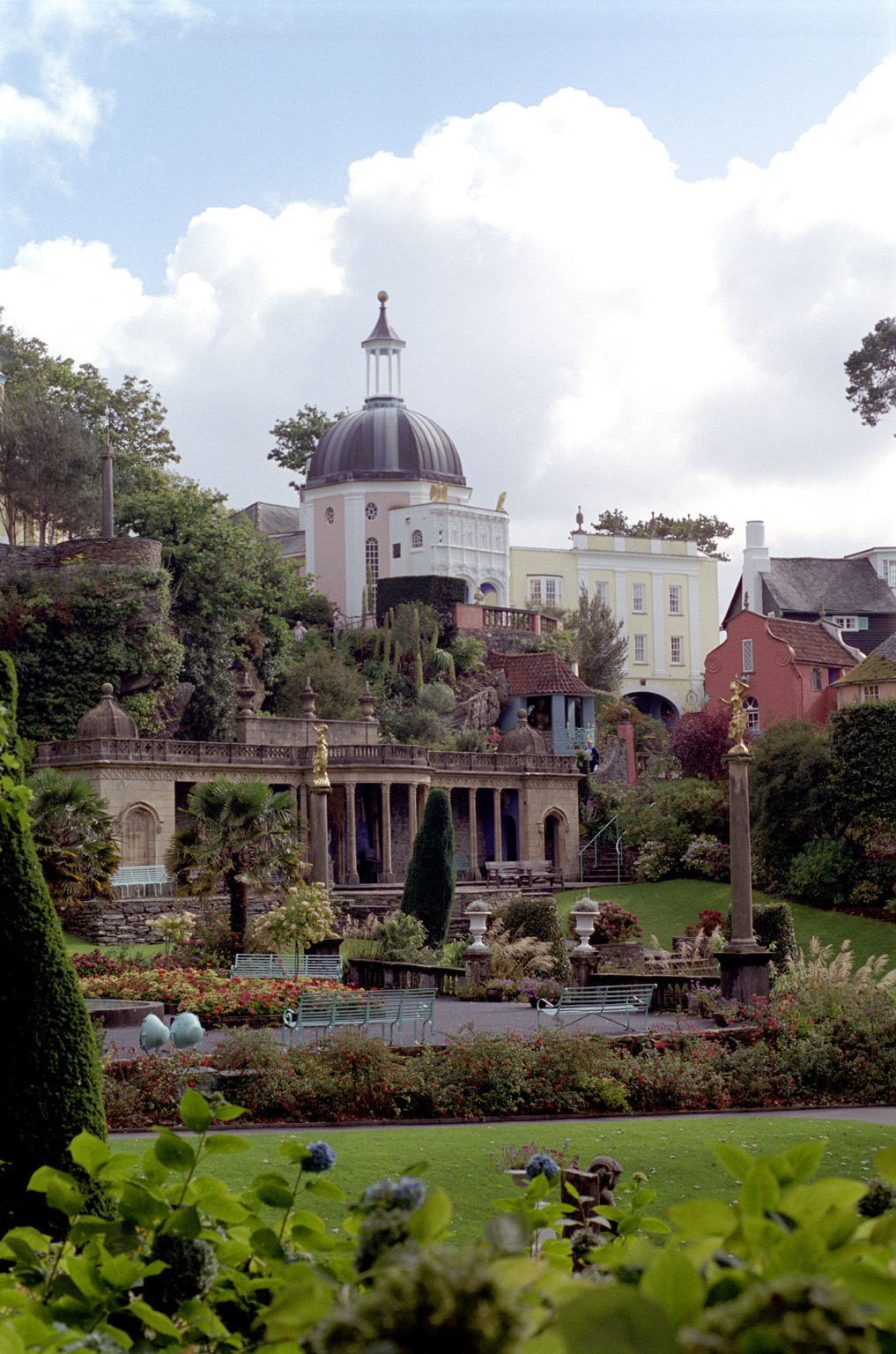 an image of Scenic view of the architecture in Portmeirion, a village in North Wales modelled on an Italian town and a popular tourist attraction