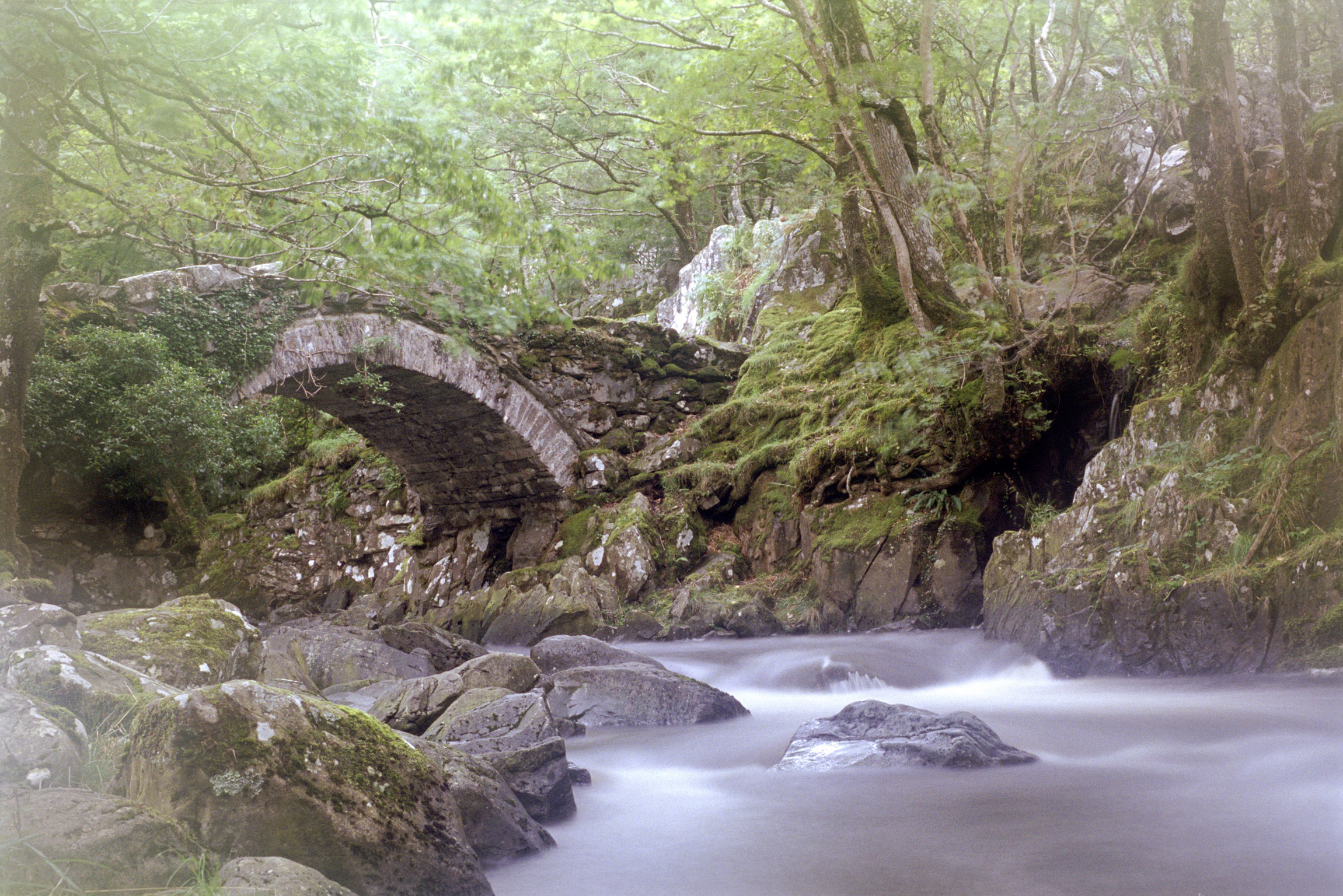 an image of Romantic Image of Rustic Stone Arch Bridge Over Misty and Rocky Forest River