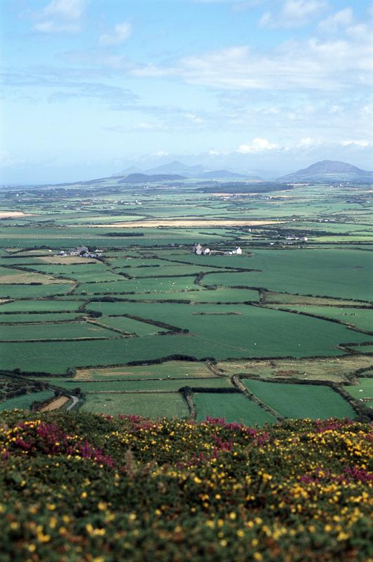 Scenic landscape with a patchwork of lush green corn fields and pasture on the Llyn Peninsula in Wales with distant mountain ranges under a cloudy blue sky