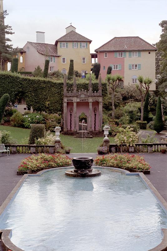 Pond and buildings in Portmeirion, North wales, a quaint picturesque village modeled on Italian architecture and a popular tourist attraction