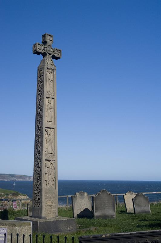 1898 memorial to Caedmon, the first English poet, st marys chrurch yard, whitby