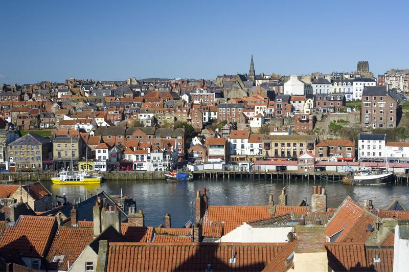 the town of whitby viewed from the east cliff looking down on the rooftops