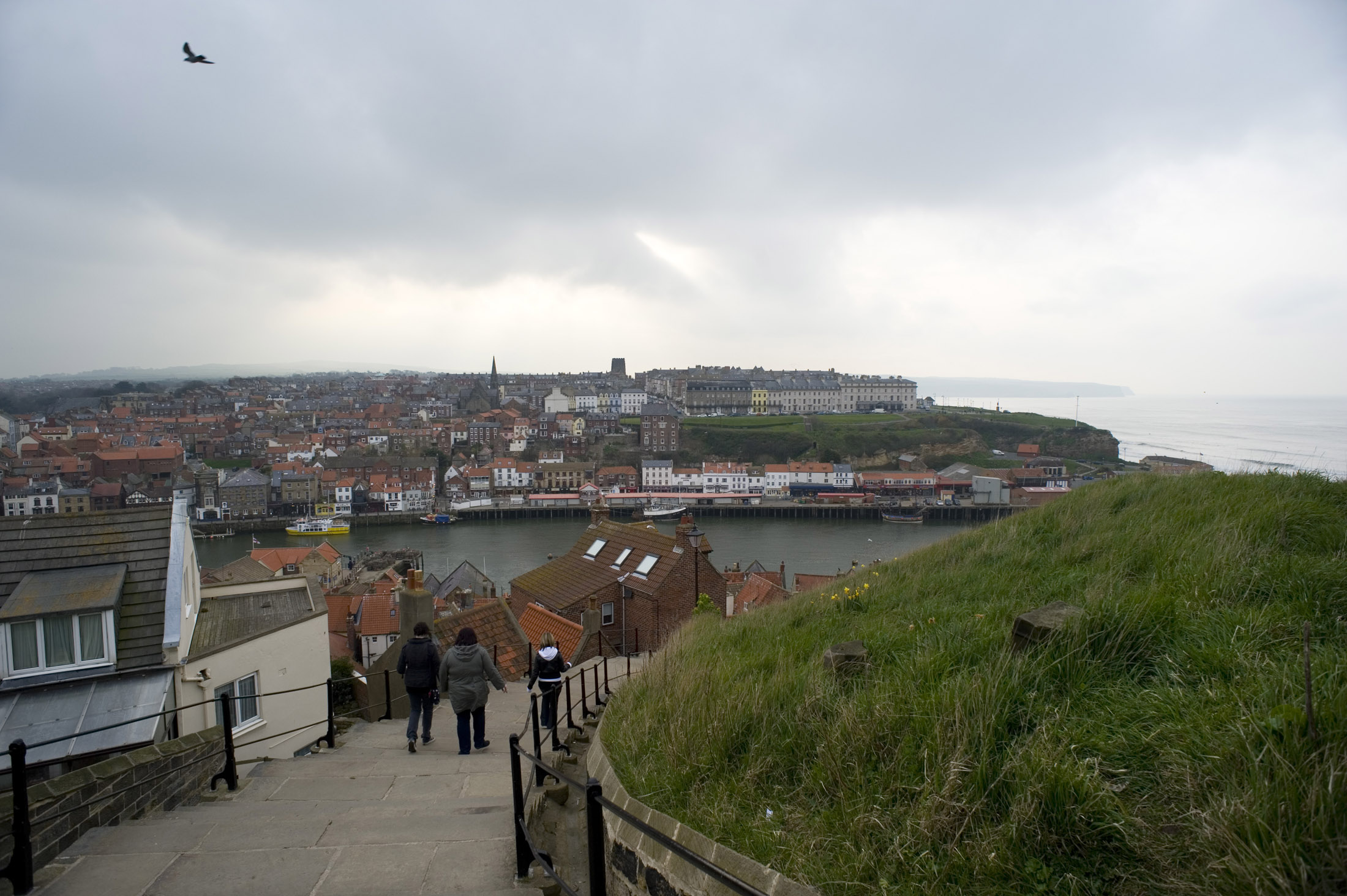 an image of walking down whitbys famous 199 steps on a stormy day