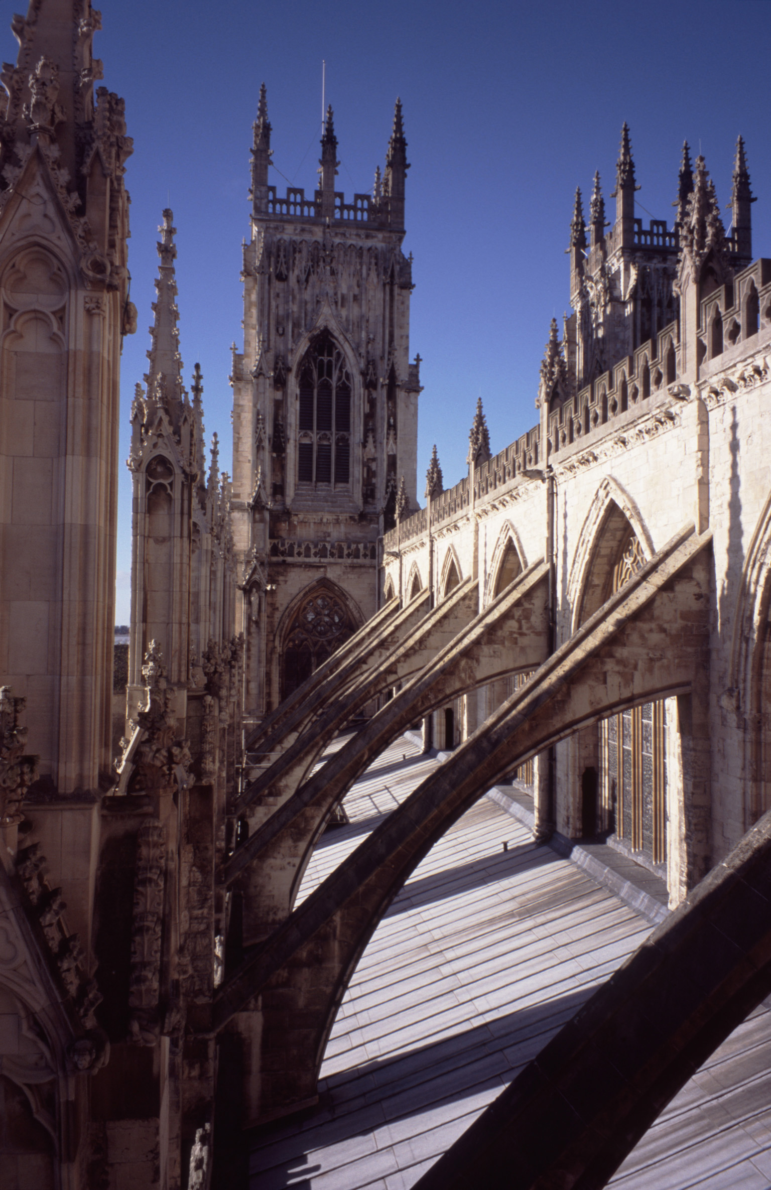 an image of Flying Buttresses at Famous Historic York Minister Cathedral with Architectural Design, Located in York, England.