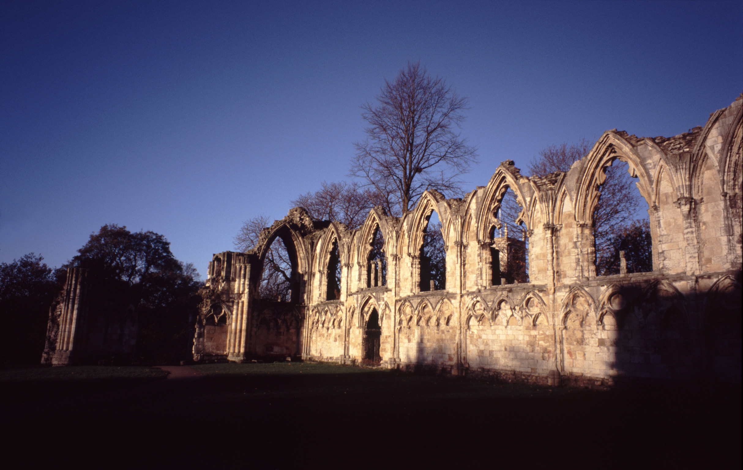 an image of Ruins of St Mary's Abbey, a Famous Landmark in York, England. Captured at Sun Down Time.