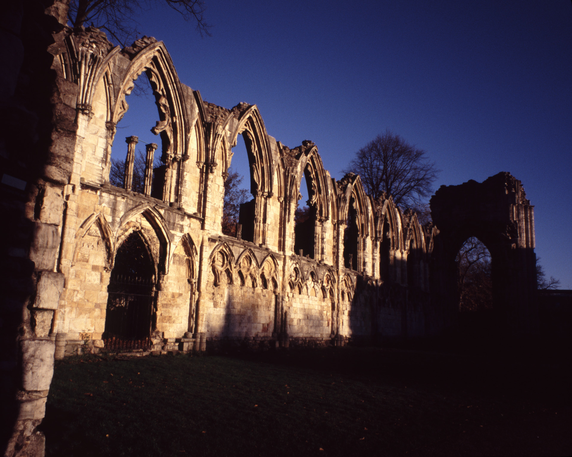 an image of Historical Ruins of St Marys Abbey Church with Dark Shadows, York, England