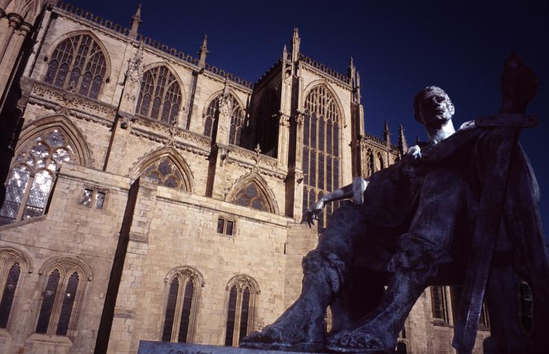 Low Angle Close Up of Statue of Constantine the Great Outside York Minster Cathedral, York, England