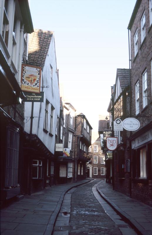 The Shambles, York, a tourist trap with quaint shops lining a narrow cobbled street in a picturesque view