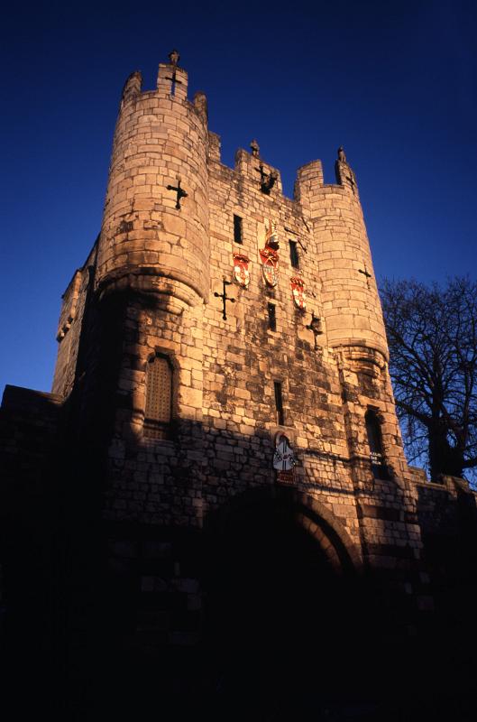 Landmark of Micklegate Bar in York, England. Captured During Sundown Time with Dark Blue Sky Above.