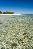 Crystal clear water over tropical coral beside a beautiful, deserted beach on the Great Barrier Reef in Australia.