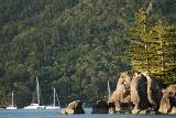 Yachts moored in a protected harbour surrounded by beautiful coastline and lush, rainforest covered mountains in the Whitsunday Islands, Australia.
