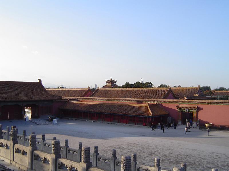 Random Tourists at Famous Forbidden City Temple, the Imperial Palace, Located in China. Captured on Lighter Blue Sky Background.