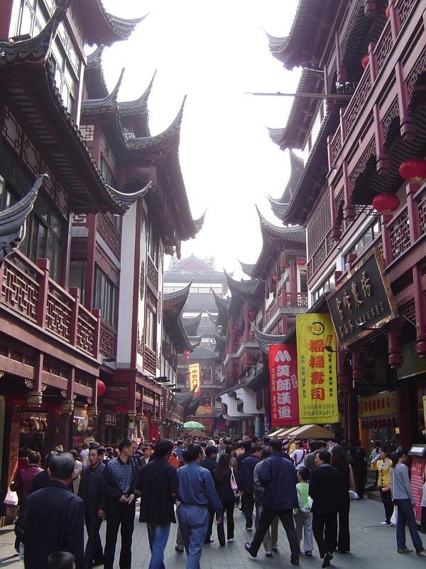 Random People at Ordinary Chinese Street with Huge Architectural Buildings Along the Sides.