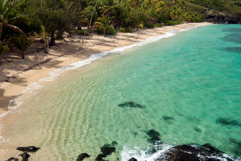 Looking down into a sandy coastal bay with lush vegetation and clear sparkling blue tropical water