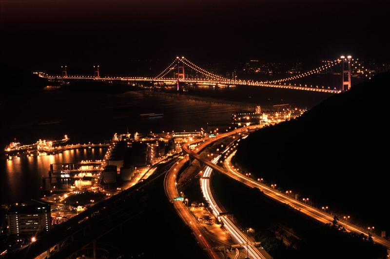 Tsing Ma Suspension Bridge Lit Up at Night, Hong Kong, China