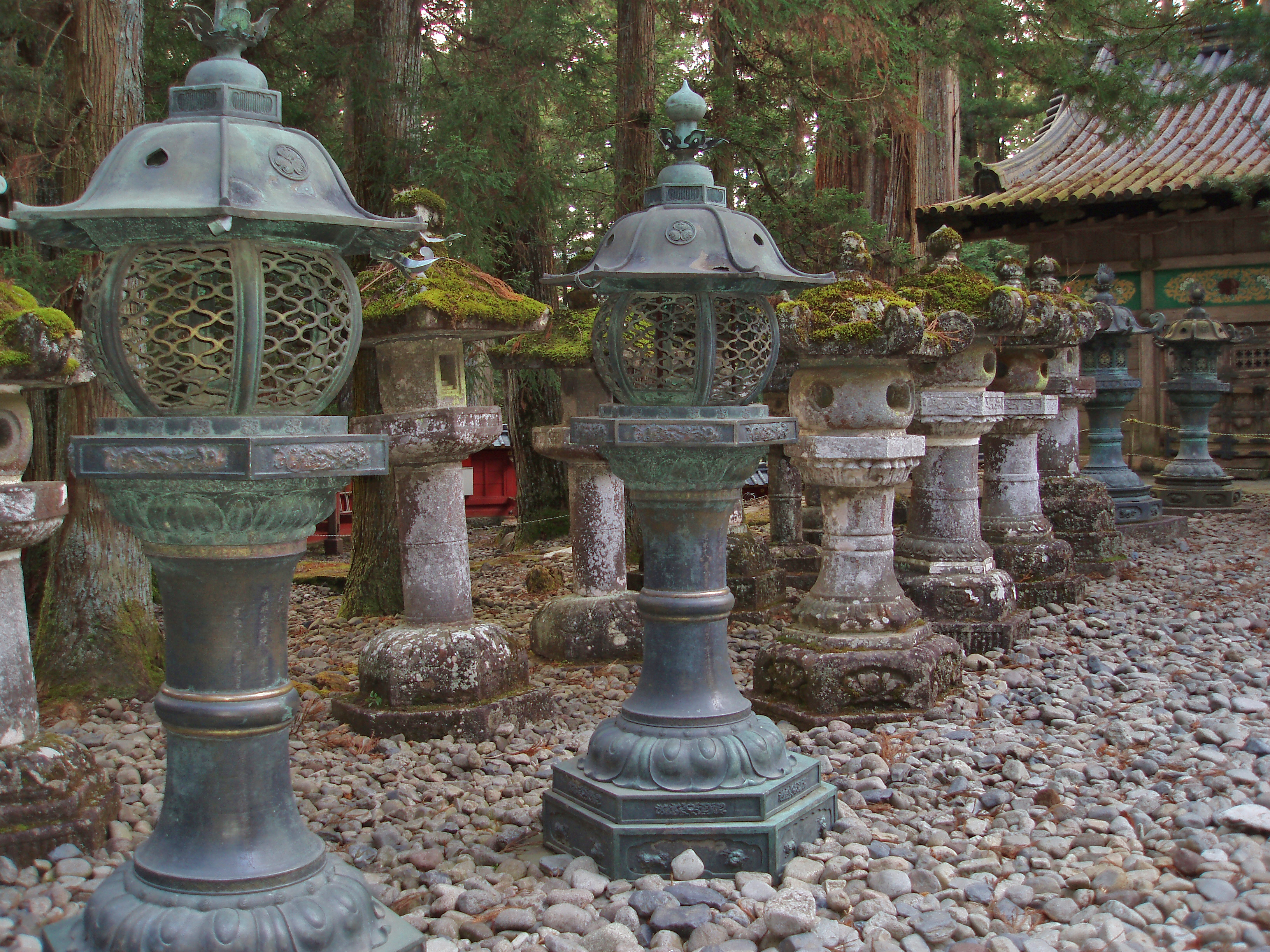an image of lanterns or ishidoro at the world heritage temples at nikko japan