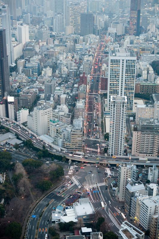 looking down on the streets of urban tokyo, Japan