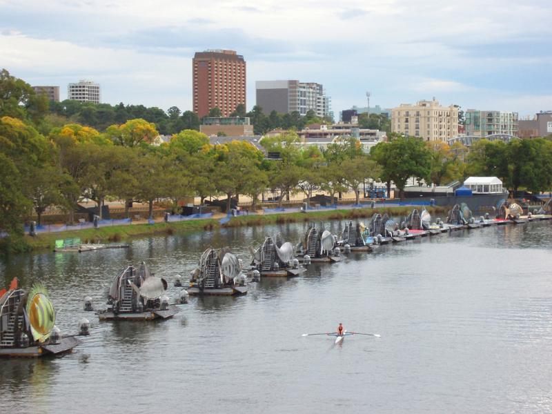 Small Boats on Parade at Yarra River with City Skyline View at Melbourne Australia.