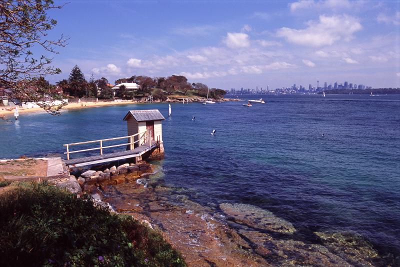 Small Dock at Camp Cove with Sydney Skyline in Distance, Sydney, Australia