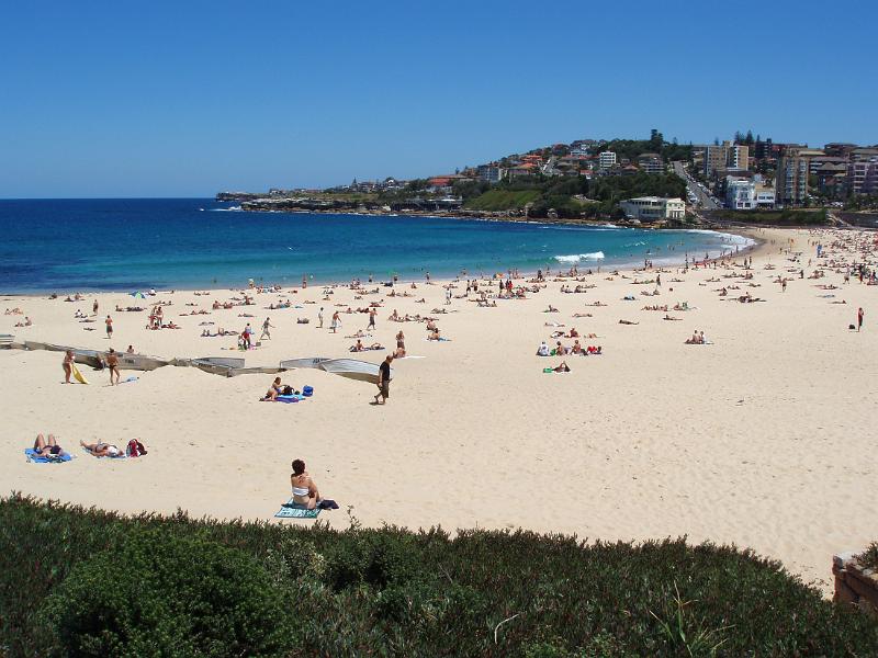 Tourists During Holiday at Famous Coogee Beach with Turquoise Sea Water Located in Australia. Captured in Panorama View.
