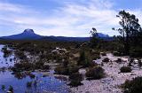 Reflections in the water flats and marshes in Tasmania on the Overland Trail with a distant view of Barn Bluff