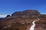 Overland trail with a wooden boardwalk leading to Cradle Mountain, Tasmania in the highlands