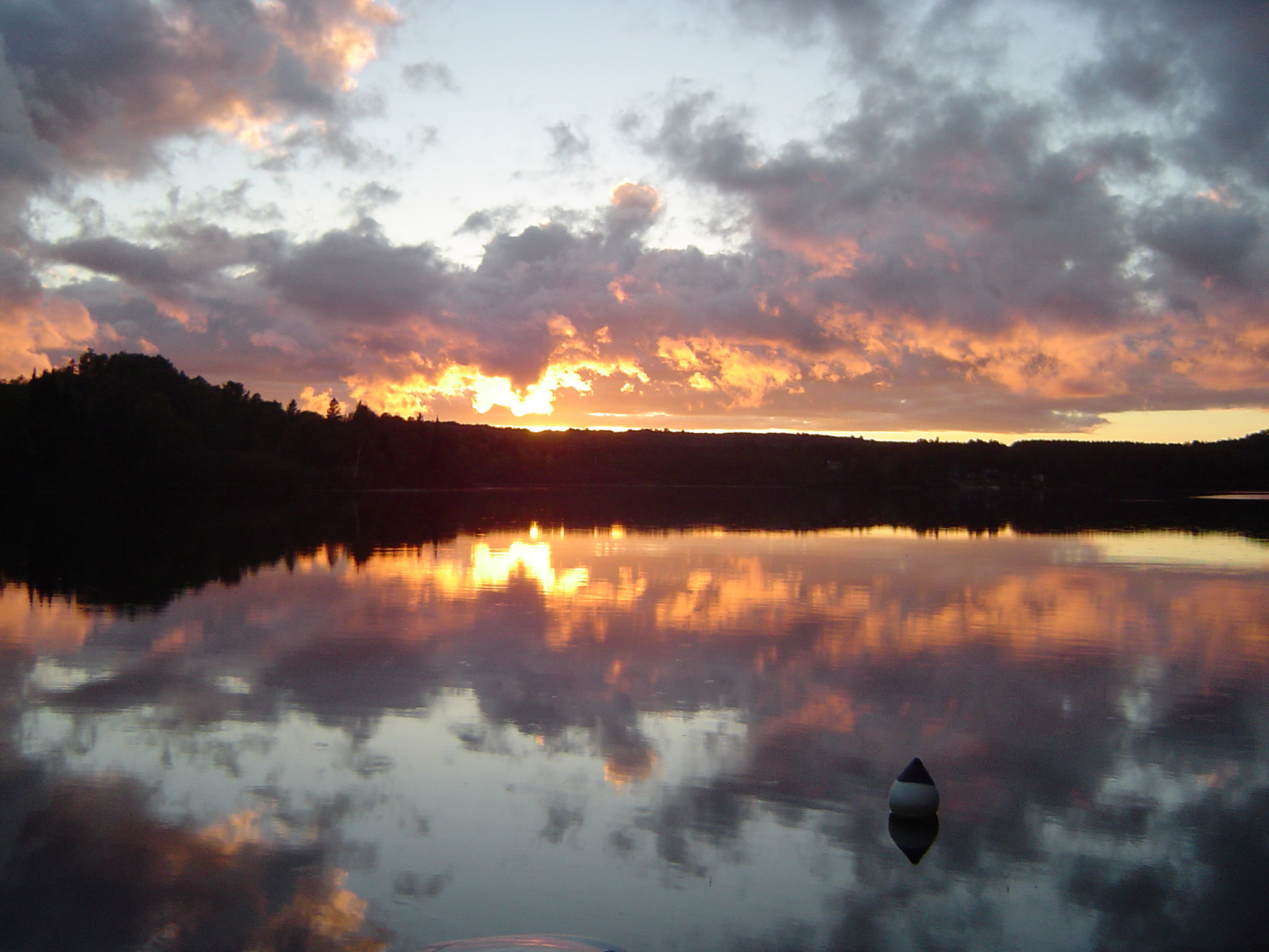 an image of Beautiful sunset reflected in one of the numerous lakes in the Algonquin Provincial Park in Canada with a fiery sky and delicate pink clouds