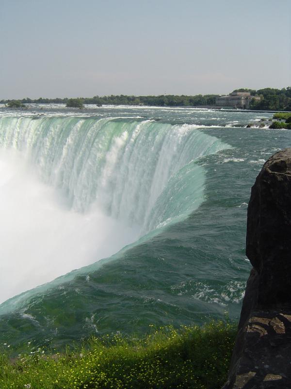Scenic view of the Niagara Horseshoe Falls on the border between Canada and the USA, high angle showing the river cascading over the clifff and rising spray