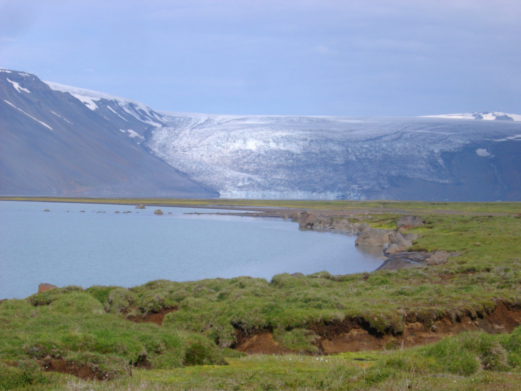 an image of Scenic View of Hvitarvatn or Hvitarlon Lake in Iceland with Glacier in Background