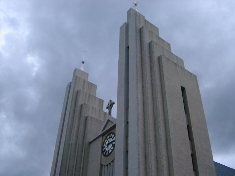 Looking Up at Modern Akureyi Church Against Forboding Storm Clouds