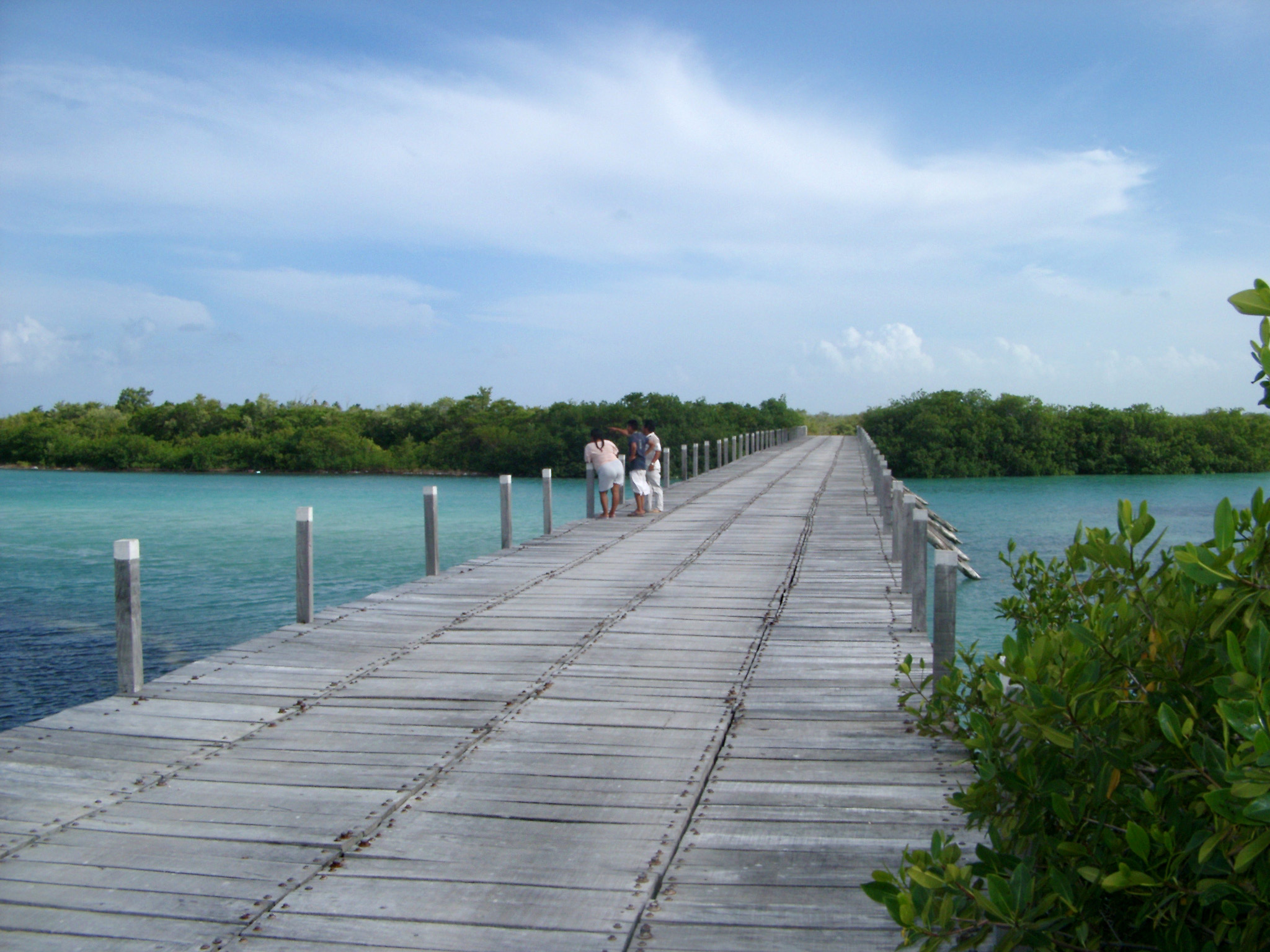 an image of Wooden road bridge in Mexico composed of individual planks crossing a stretch of turquoise blue water with tourists or pedestrians standing in the middle