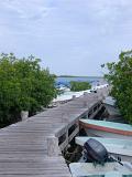Wooden Pathway Platform at Wharf with Small Boats and Green Leafy Plants on Sides. Isolated on Light Blue Sky Background.