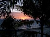 Coconut palms silhouetted against a colorful sunset over a tropical beach and calm ocean on the Mexican coastline, symbolic of travel and summer vacations