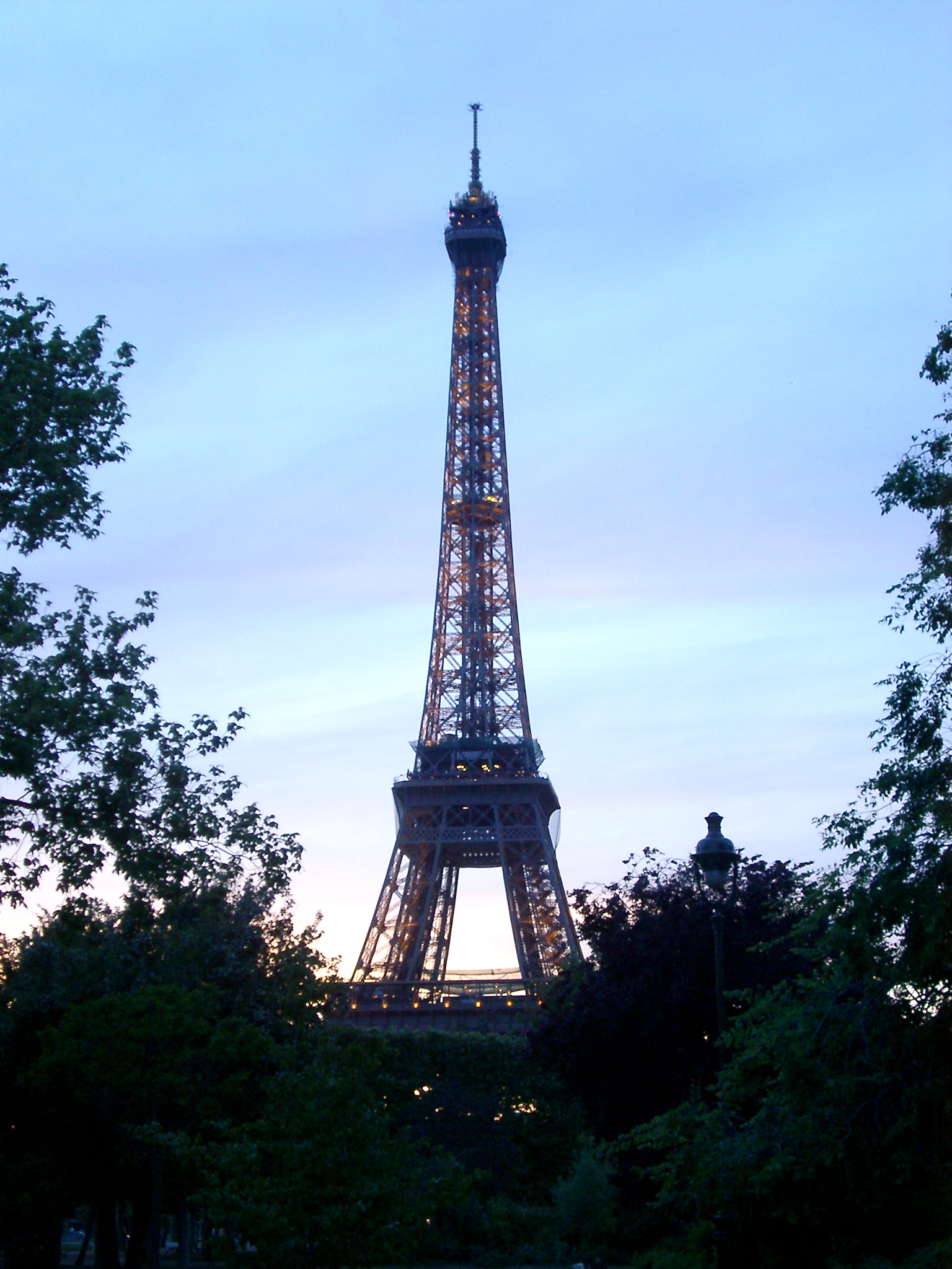 an image of Silhouette of Eiffel Tower and Tree Tops at Dusk or Dawn, Paris, France
