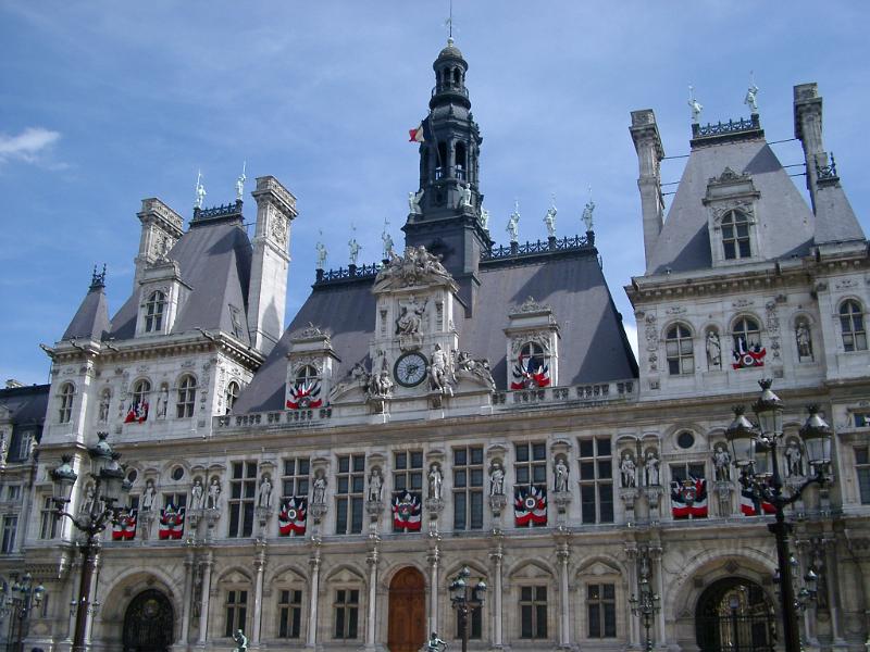 Exterior of Hotel de Ville Administrative Building in Paris, France